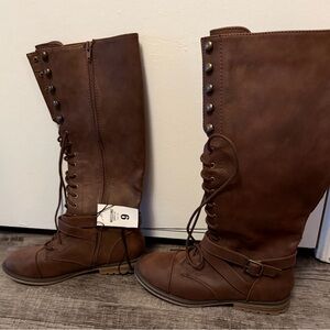 NWT Brown Lace-Up Knee-High Boots